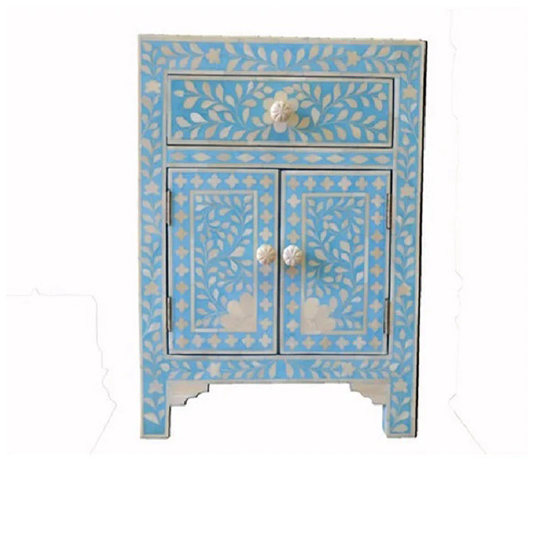 Bone Inlay Floral Bedside Table - Blue