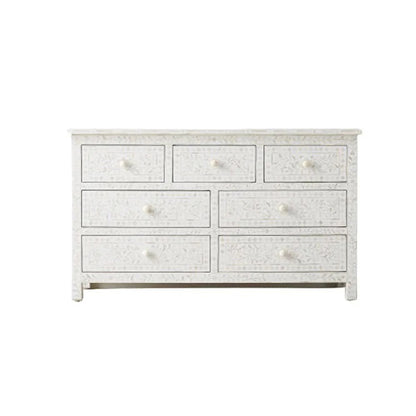 Handcrafted Bone Inlay 7-Drawer Chest – Floral Design in White
