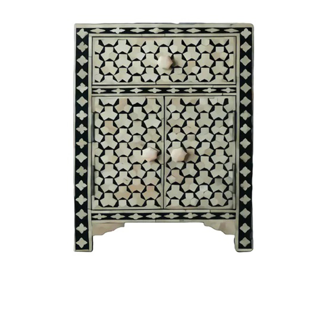 Bone Inlay Taruga Pattern Bedside Table - Black