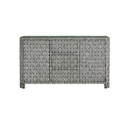 Bone Inlay Chest Of 2 Doors And 3 Drawers, Geometric Pattern In Black