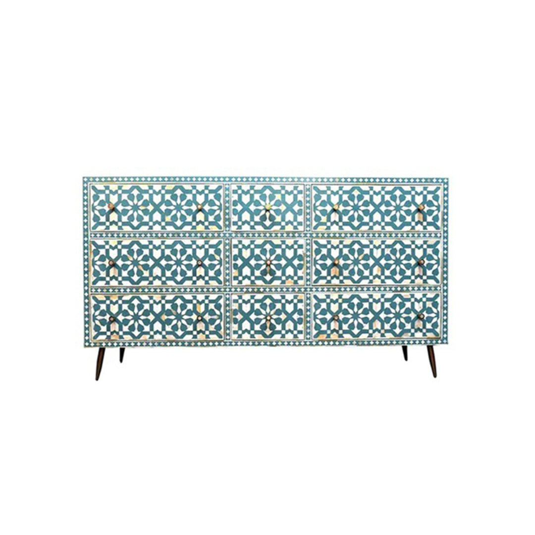 Bone Inlay Chest Of 9 Drawers, Moroccan Pattern In Blue