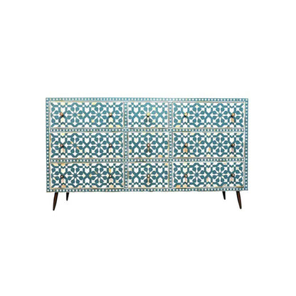 Bone Inlay Chest Of 9 Drawers, Moroccan Pattern In Blue