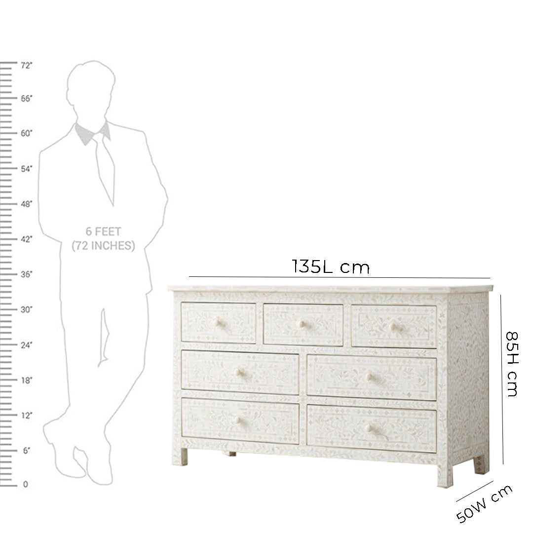 Handcrafted Bone Inlay 7-Drawer Chest – Floral Design in White