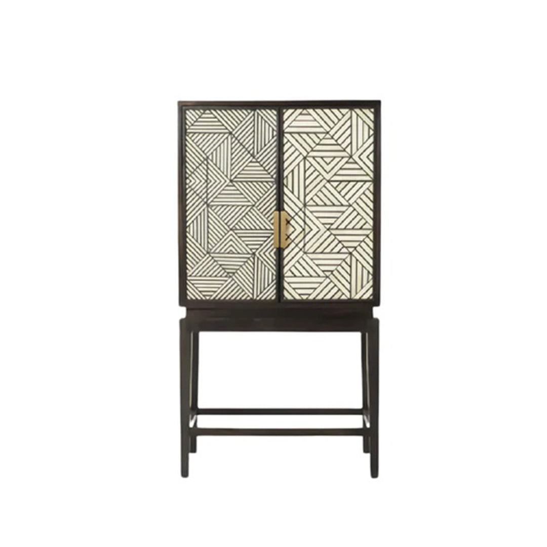 Handmade Black & White Geometric Pattern Bone Inlay Bar Cabinet
