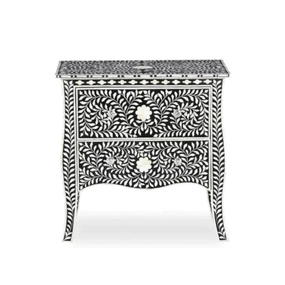 Floral Pattern Bone Inlay Bedside - Black