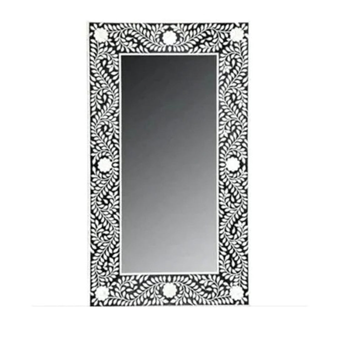 Handmade Bone Inlay Rectangular Mirror Frame Floral Pettren Black color with Complimentary Mirror