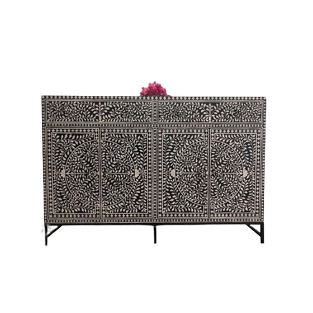 Beautiful Bone Inlay Buffet – 2 Drawers & 4 Doors in Black Floral Pattern