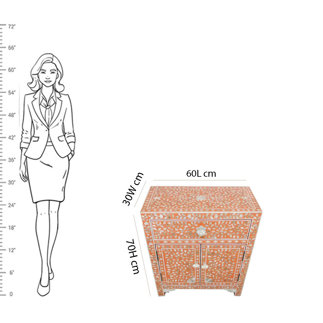 HANDMADE CUSTOMIZED MOTHER OF PEARL BEDSIDE TABLE - Floral/Orange