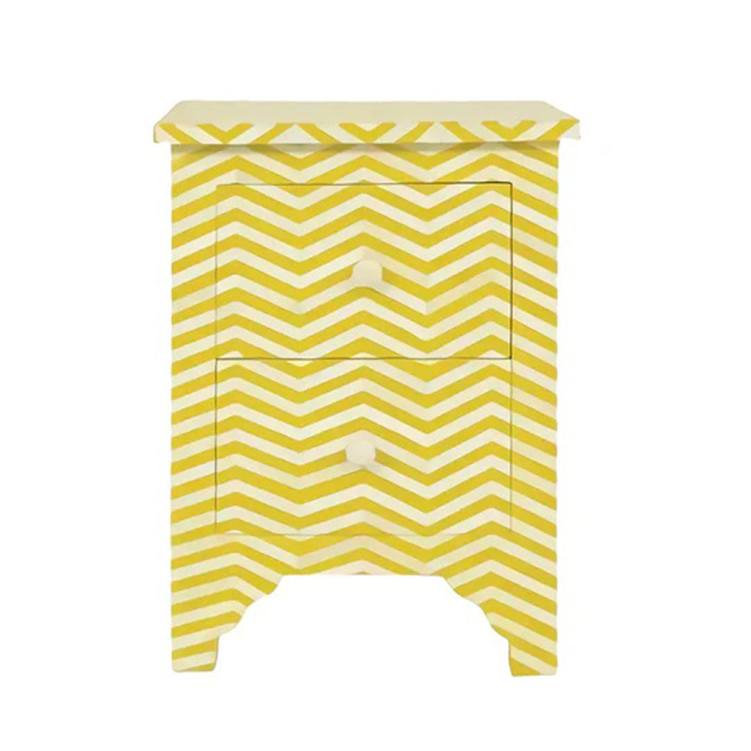 Bone Inlay Chevron Pattern Bedside Table - Yellow