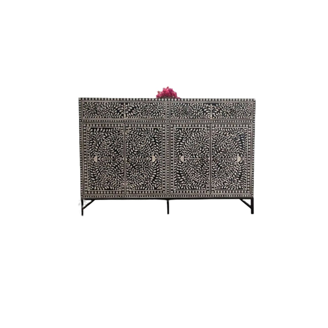 Beautiful Bone Inlay Buffet – 2 Drawers & 4 Doors in Black Floral Pattern