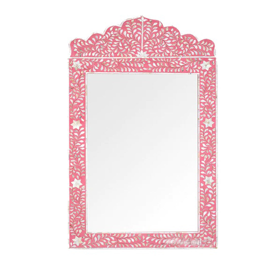 Handmade Bone Inlay Scalloped Pink Floral Pattern Mirror Frame for Home Decor with Complimentary Mirror