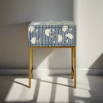 Floral Pattern Bone Inlay Bedside Table - Blue