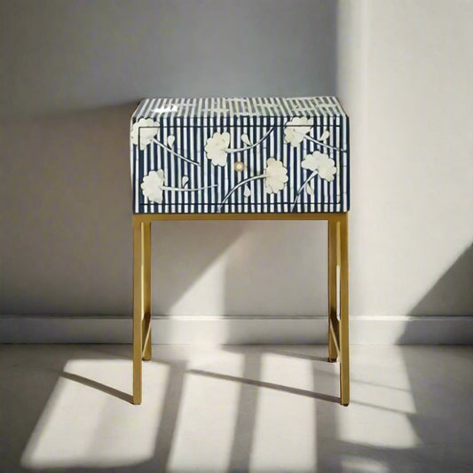 Floral Pattern Bone Inlay Bedside Table - Blue