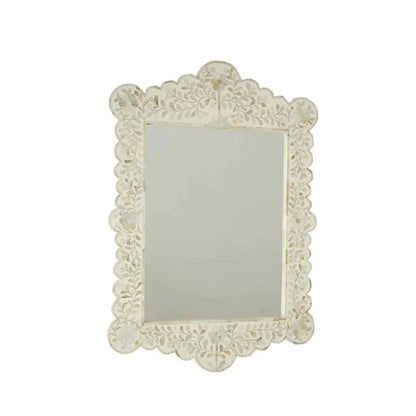 WHITE MOTHER OF PEARL INLAY SCALLOPED MIRROR FRAME