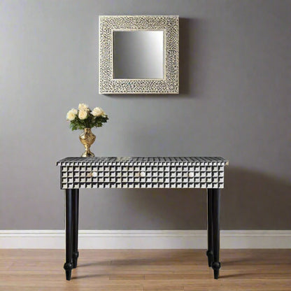 HANDMADE BLACK BONE INLAY CUBOID PATTERN CONSOLE TABLE