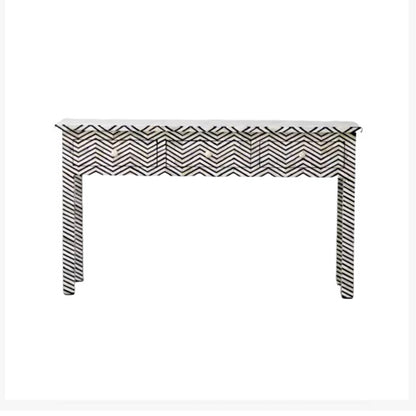 HANDMADE BONE INLAY CONSOLE TABLE IN BLACK AND WHITE CHEVRON PATTERN