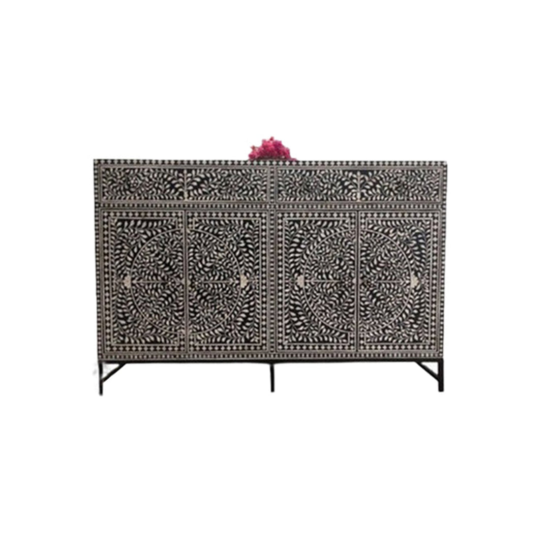 Beautiful Bone Inlay Buffet – 2 Drawers & 4 Doors in Black Floral Pattern