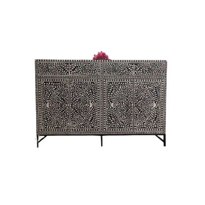 Beautiful Bone Inlay Buffet – 2 Drawers & 4 Doors in Black Floral Pattern