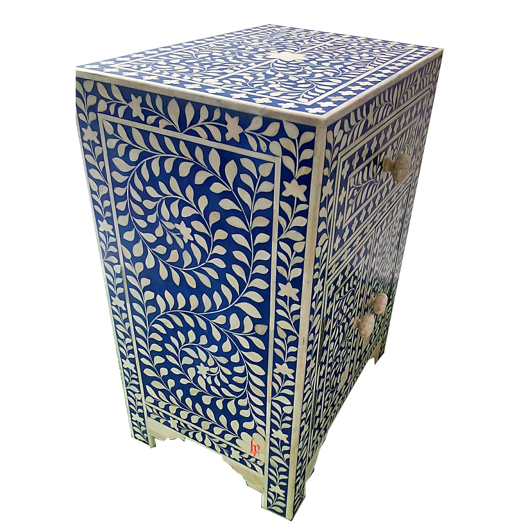 Bone Inlay Floral Bedside Table - Blue