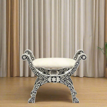 HANDMADE FLORAL PATTERN BLACK BONE INLAY JENNY STOOL