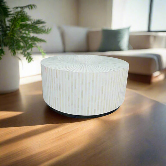 Bone Inlay Striped Pattern Round Coffee Table