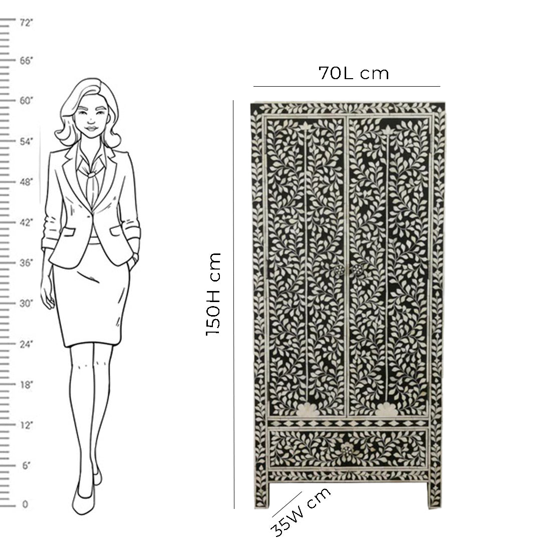 Handmade Floral Bone Inlay Two Door And One Drawer Almirah / Wardrobe /Armories Best For Home Decor