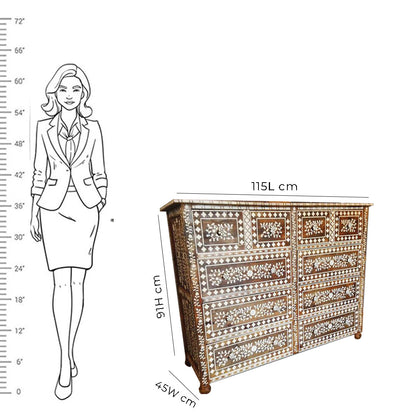 Handcrafted Antique Bone Inlay Chest of 10 Drawers