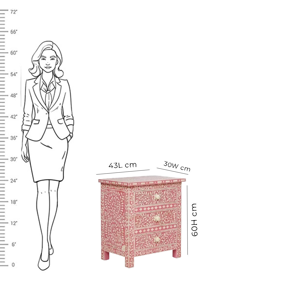 Bone Inlay Floral 3 Drawer Bedside Table - Pink