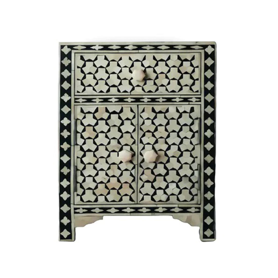 Bone Inlay Taruga Pattern Bedside Table - Black