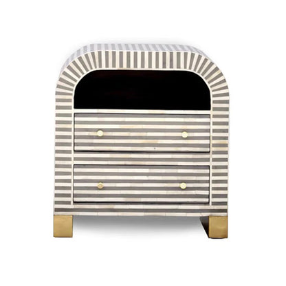 Bone Inlay Curved Bedside Table - Stripe Pattern