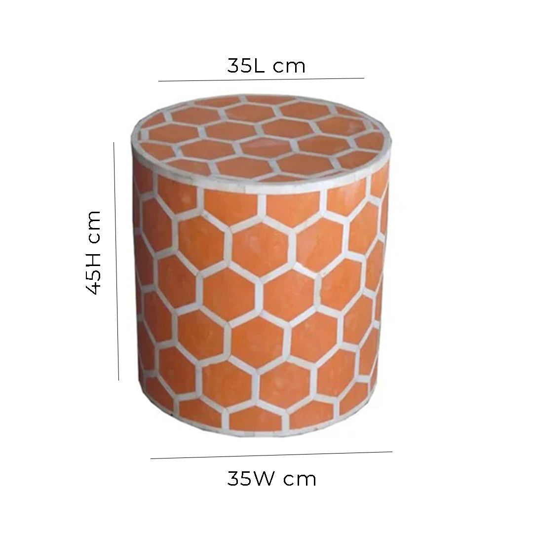 HANDMADE ORANGE BONE INLAY ROUND STOOL IN HONEYCOMB PATTERN