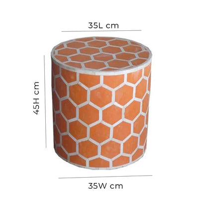 HANDMADE ORANGE BONE INLAY ROUND STOOL IN HONEYCOMB PATTERN
