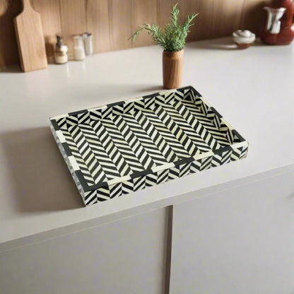 Artisan Bone Inlay Serving Tray in Black Zigzag Style