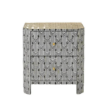 Handmade Geometric Pattern Bone Inlay Bedside Table - Black