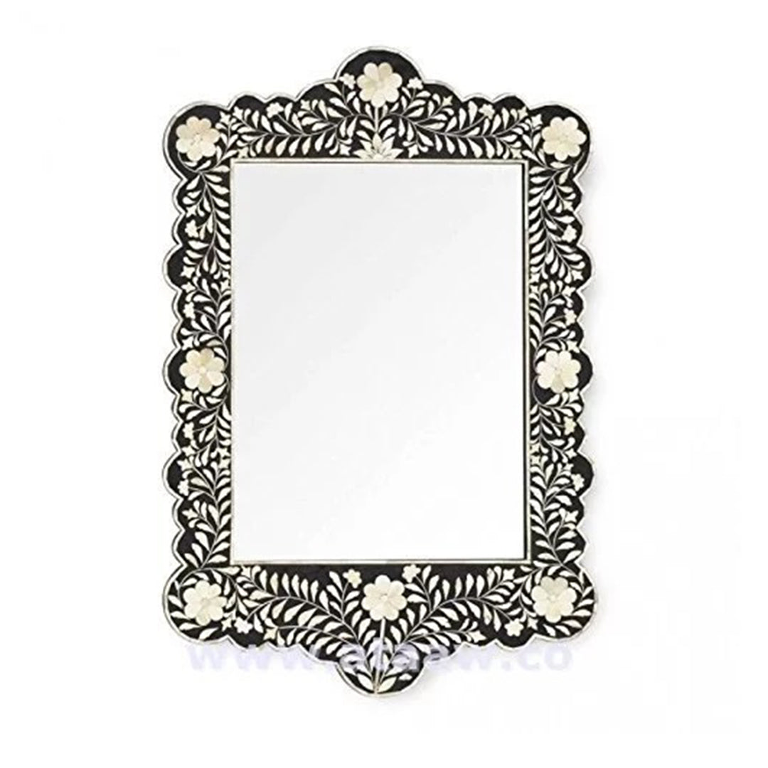 Bone Inlay Scalloped Black Mirror Frame with Complimentary Mirror