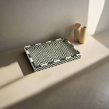 Artisan Bone Inlay Serving Tray in Black Zigzag Style