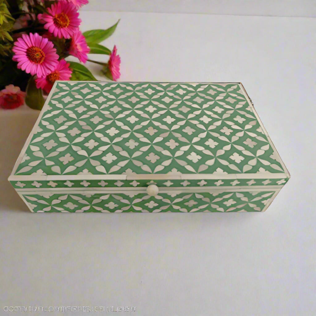 Bone Inlay Handmade Moroccan Pattern Jewelry Box Teal Color