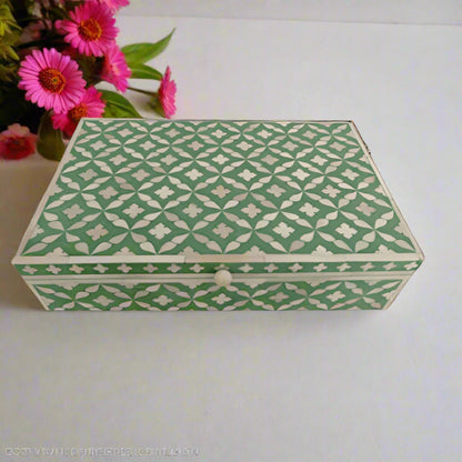 Bone Inlay Handmade Moroccan Pattern Jewelry Box Teal Color