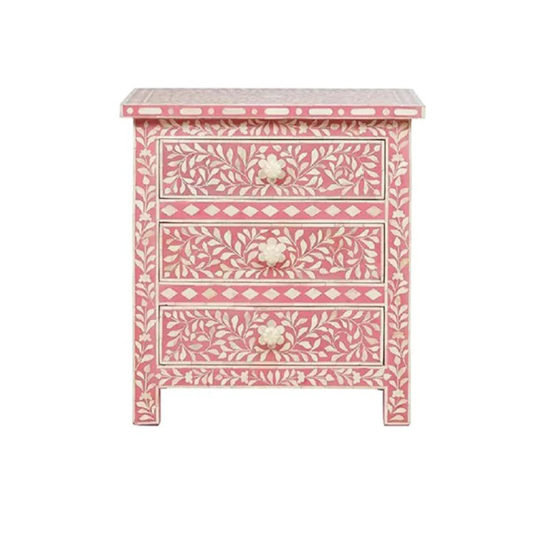 Bone Inlay Floral 3 Drawer Bedside Table - Pink