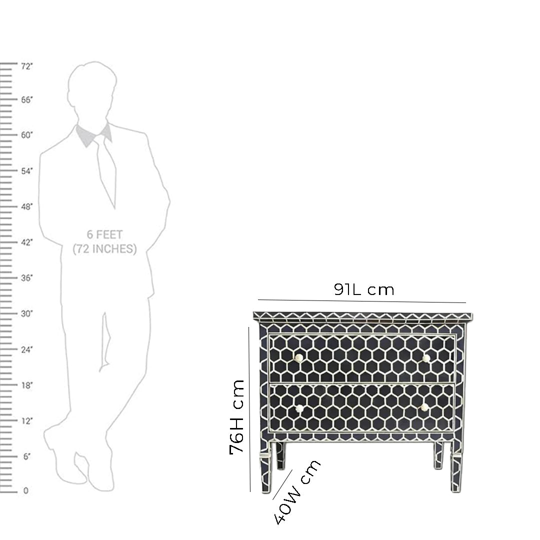 Bone Inlay Chest Of 2 Drawers ,Honeycomb Pattern In Black