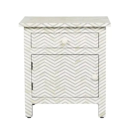 Bone Inlay Chevron Pattern Bedside Table - Grey