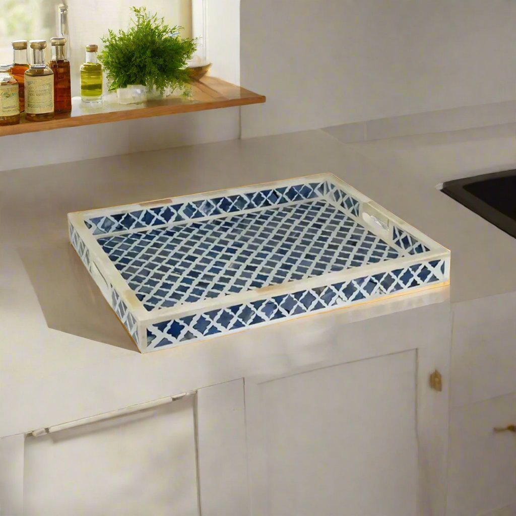 Bone Inlay Tray in Geometric Marrakech Design - Blue