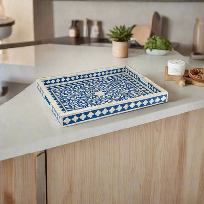 Bone Inlay Tray in Floral Design - Blue