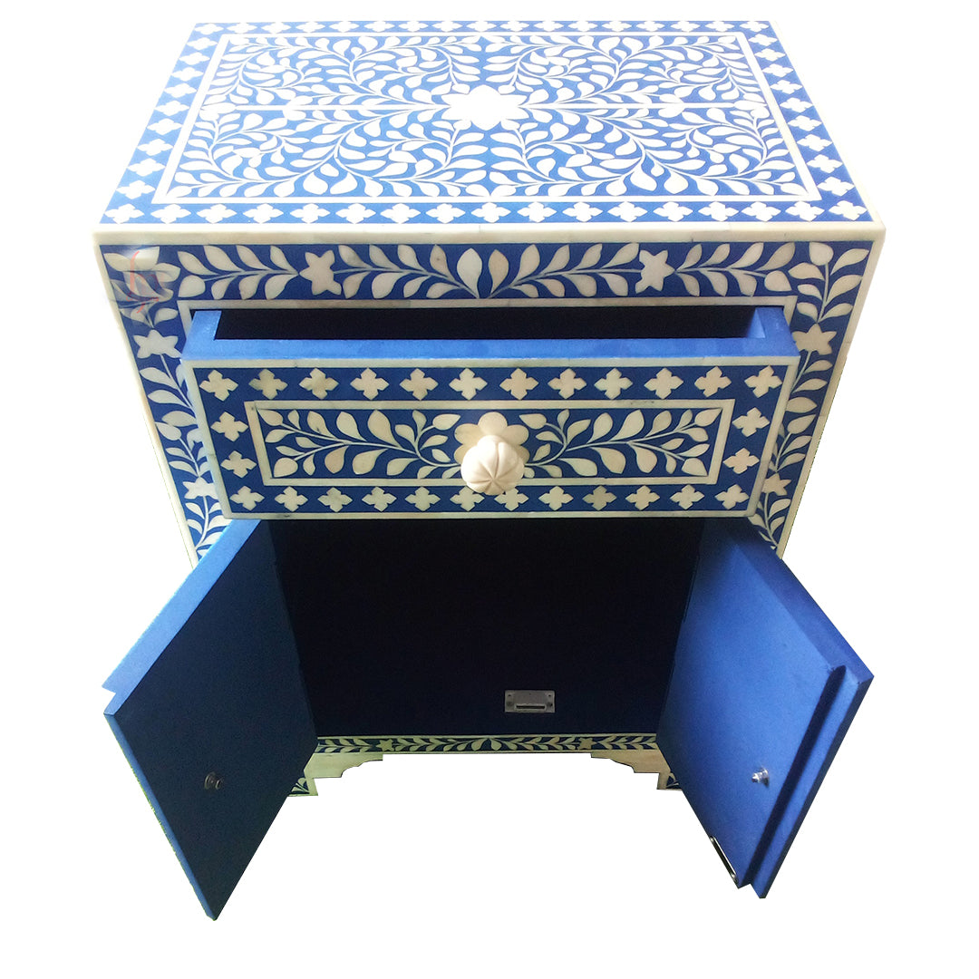 Bone Inlay Floral Bedside Table - Blue