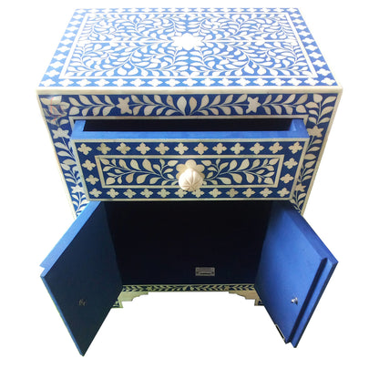 Bone Inlay Floral Bedside Table - Blue