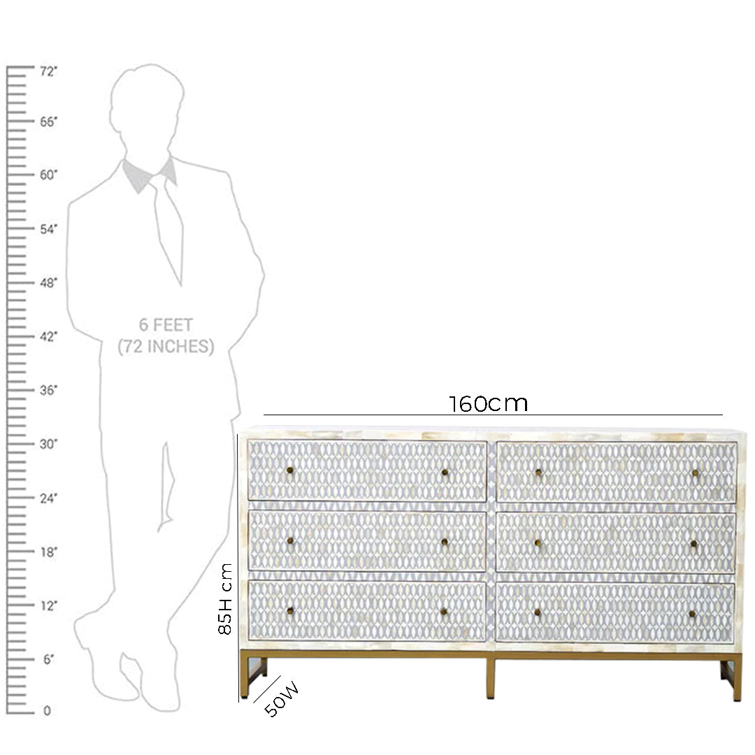 Bone Inlay Geometric pattren Chest Of 6 Drawers In Grey