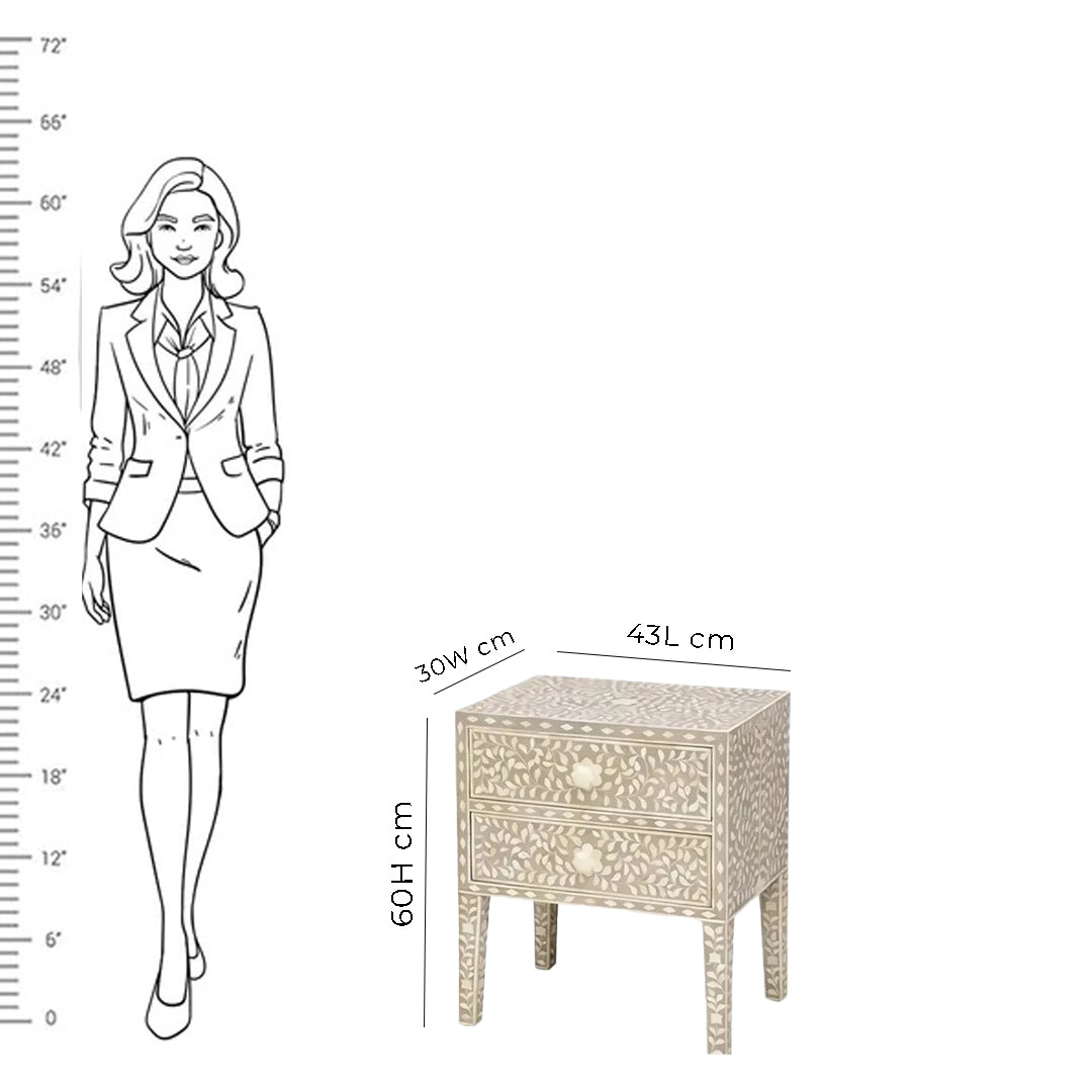 Bone Inlay Floral Pattern Bedside Table - Brown