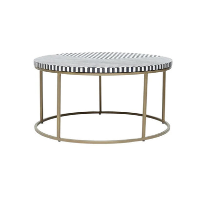 Geometric Black and White Striped Round Bone Inlay Coffee Table