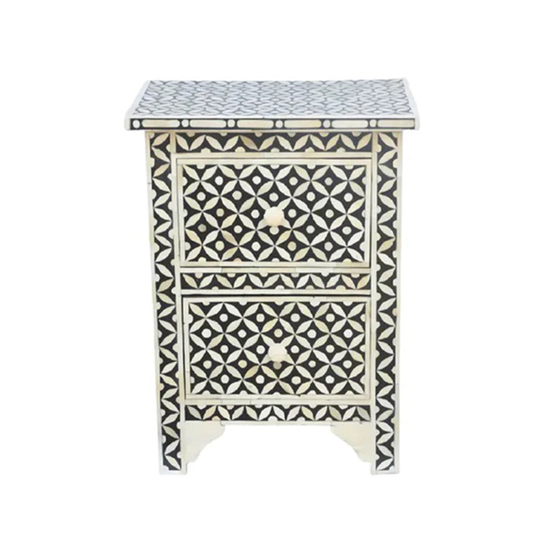 Geometric Star eye Bone Inlay Bedside Table - Black