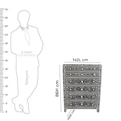 Bone Inlay Chest Of 6 Drawers, Floral Pattern In Black